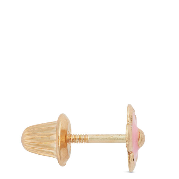 Baby Pink Enamel Flower Screwback Earrings, 14K Yellow Gold