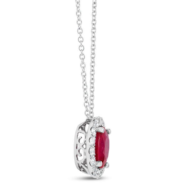 Oval Ruby Halo Diamond Pendant Necklace, 14K White Gold