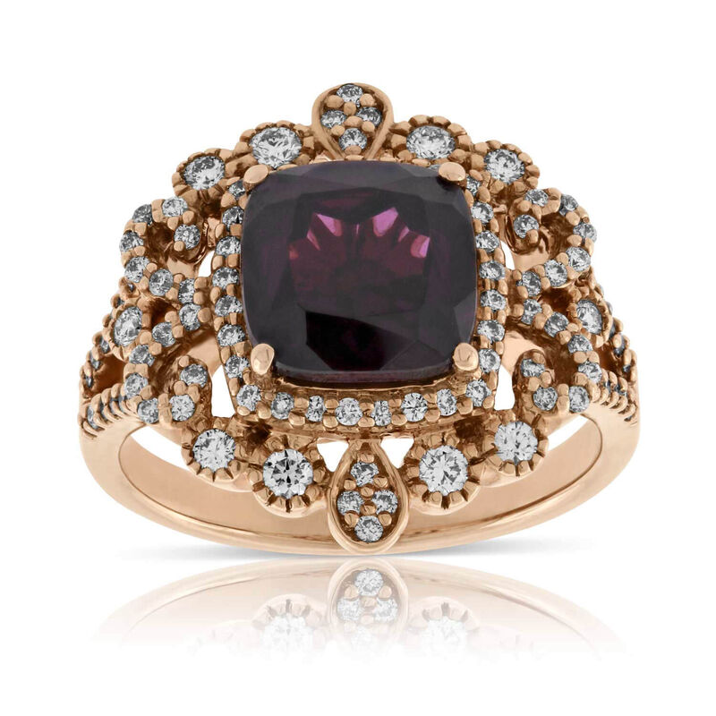 Rose Gold Cushion Rhodolite Garnet & Diamond Ring 14K image number 0