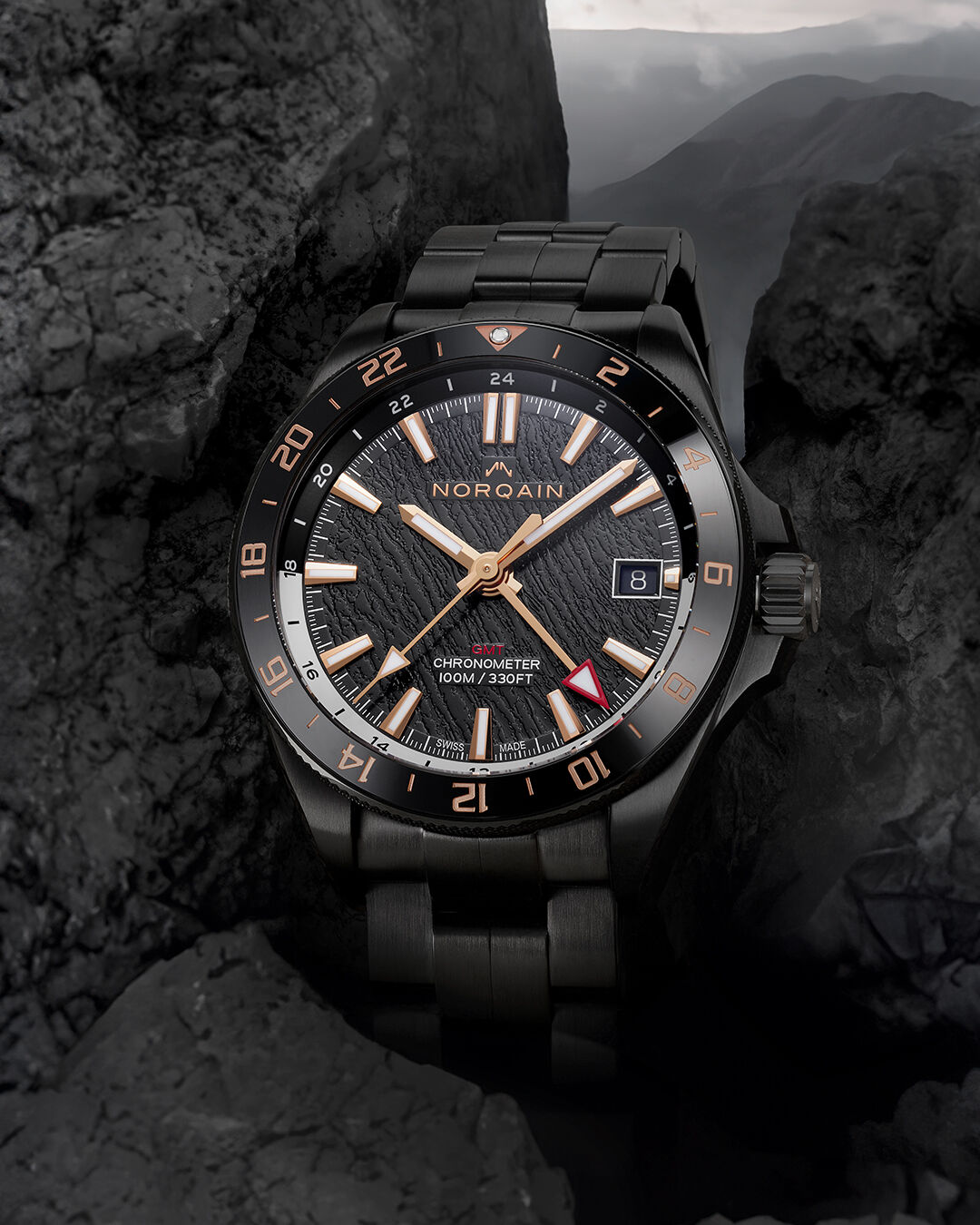 Norqain Neverest GMT GLacier Black Dial DLC Steel Bracelet Watch, 41mm