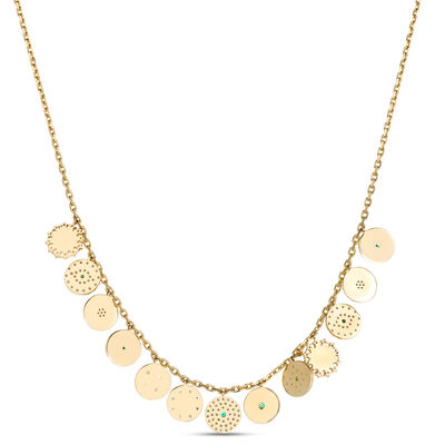 Charm Necklace with 13 Discs, 14K Yellow Gold