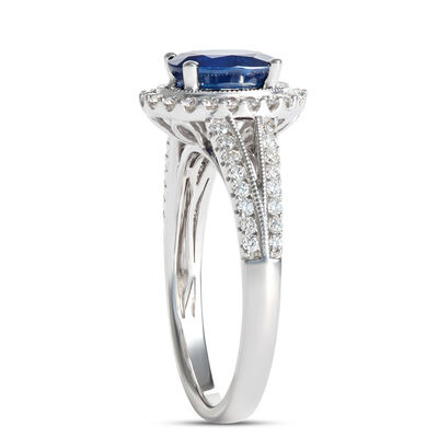Oval Sapphire and Diamond Halo Ring, 14K White Gold