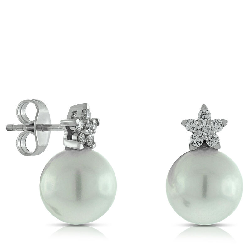 Cultured Freshwater Pearl & Diamond Earrings 14K image number 1