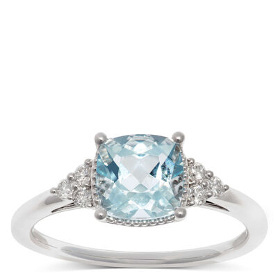 Cushion Aquamarine & Diamond Rings 14K