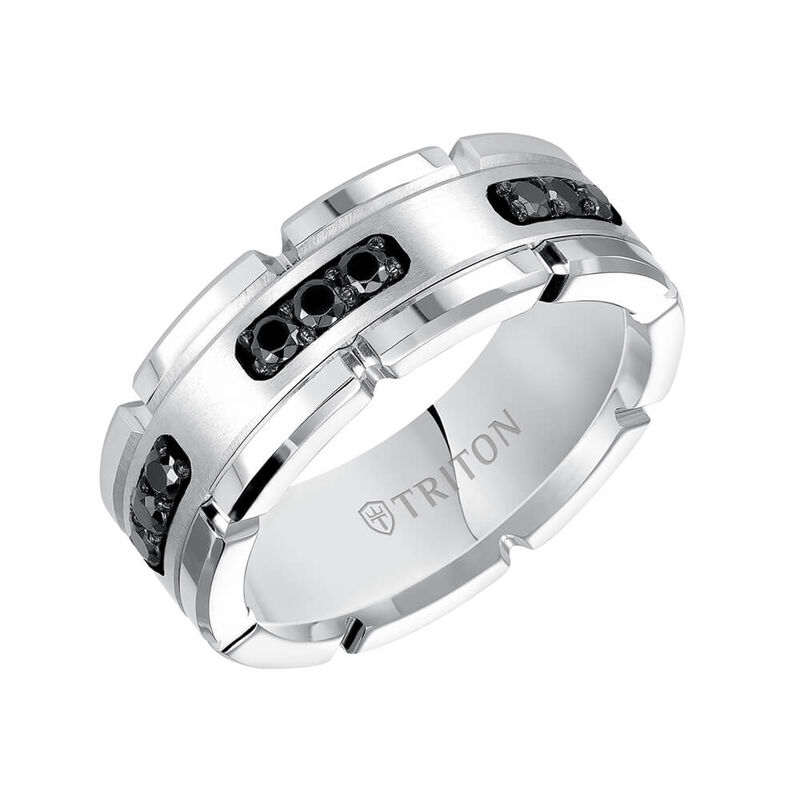 TRITON Stone Contemporary Comfort Fit Black Diamond Link Edge Band in White Tungsten & Silver, 8 mm image number 1