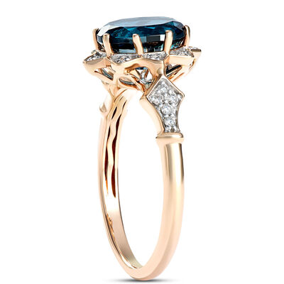Oval Blue Topaz and Diamond Ring, 1/10 Total Carat Weight, 14K Rose Gold