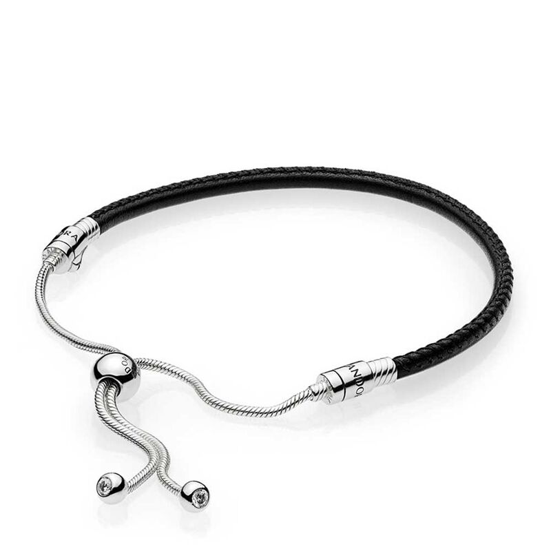 Pandora Black Sliding Leather CZ Bracelet image number 0