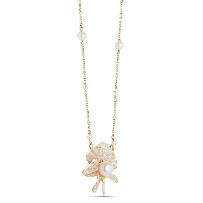 Toscano Flower Pendant with White Enamel Pearl, 14K Yellow Gold image number 1