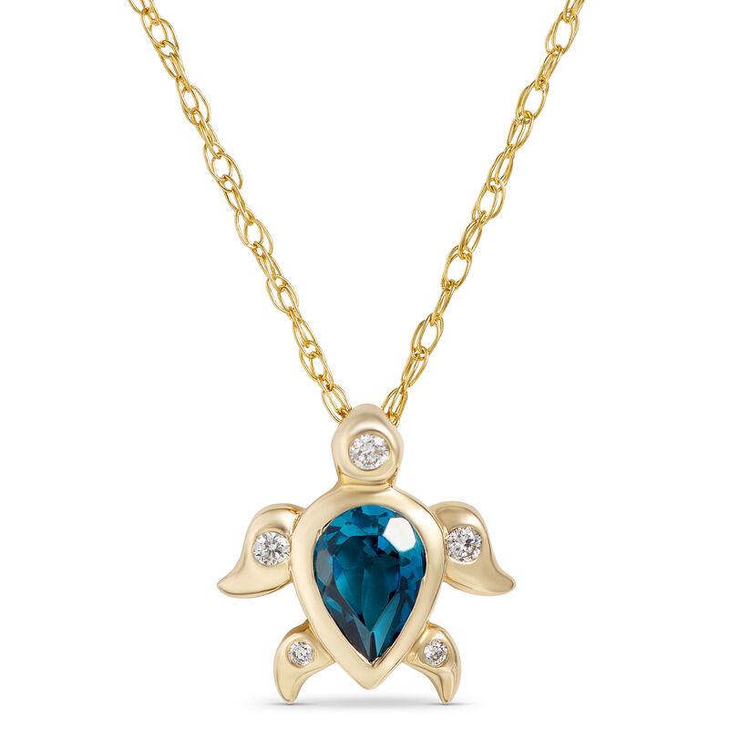 Blue Topaz and Diamond Swimming Turtle Pendant, 14K Yellow Gold image number 0