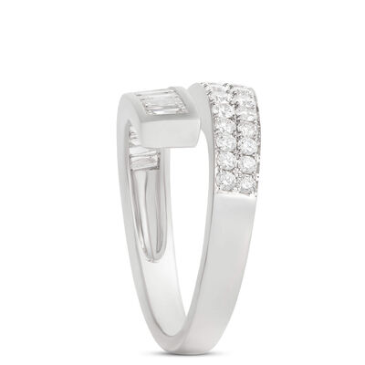 Baguette and Round Cut Diamond Bypass Ring, 14K White Gold