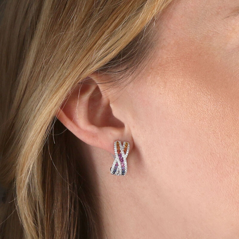 Rainbow Sapphire & Diamond Criss Cross Hoop Earrings 14K image number 1