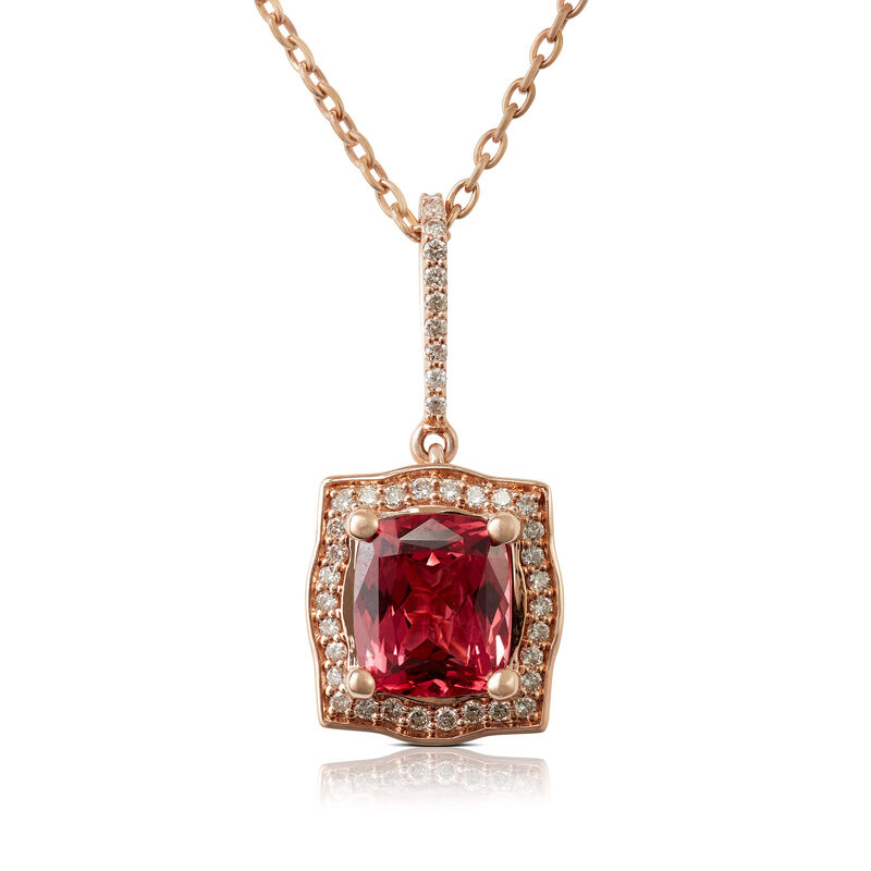 Rose Gold Cushion Pink Spinel & Diamond Halo Necklace 14K image number 0