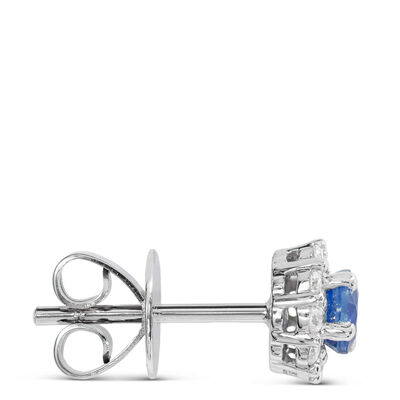 Round Cut Sapphire Halo Stud Earrings, 14K White Gold