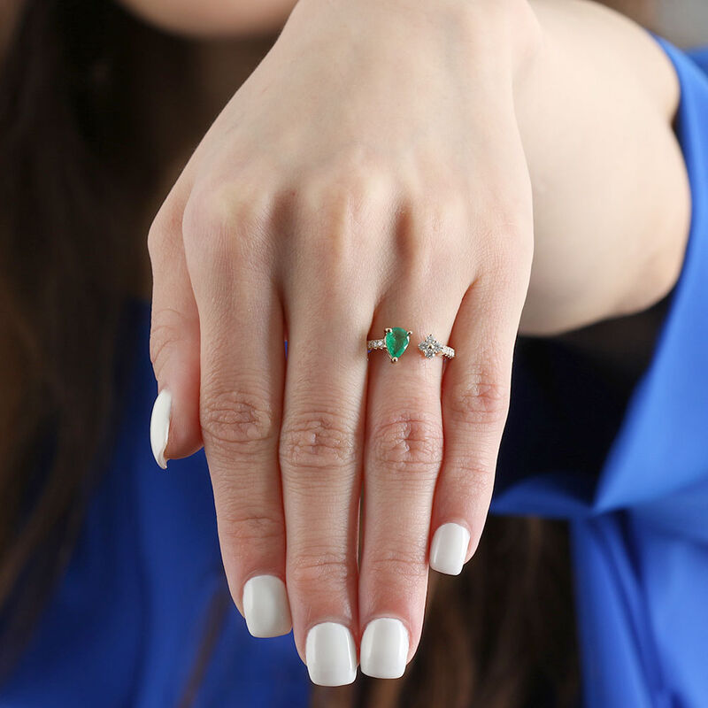 Emerald & Diamond Open Shank Ring 14K image number 3