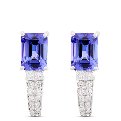 Emerald Cut Tanzanite and Round Diamond Earrings, 14K White Gold