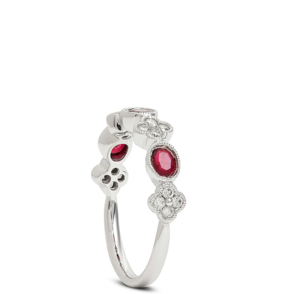Ruby and Floral Diamond Cluster Ring, 14K White Gold