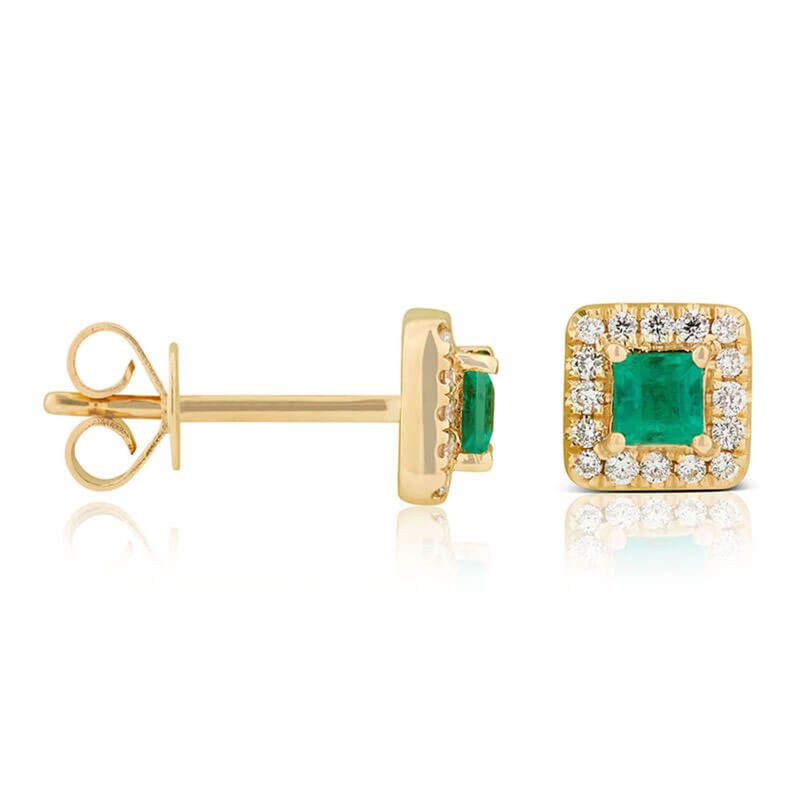 Square Emerald & Diamond Stud Earrings 14K image number 0