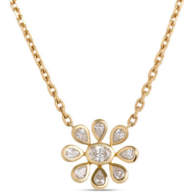 Flower Shaped Bezel Set Diamond Necklace, 14K Yellow Gold