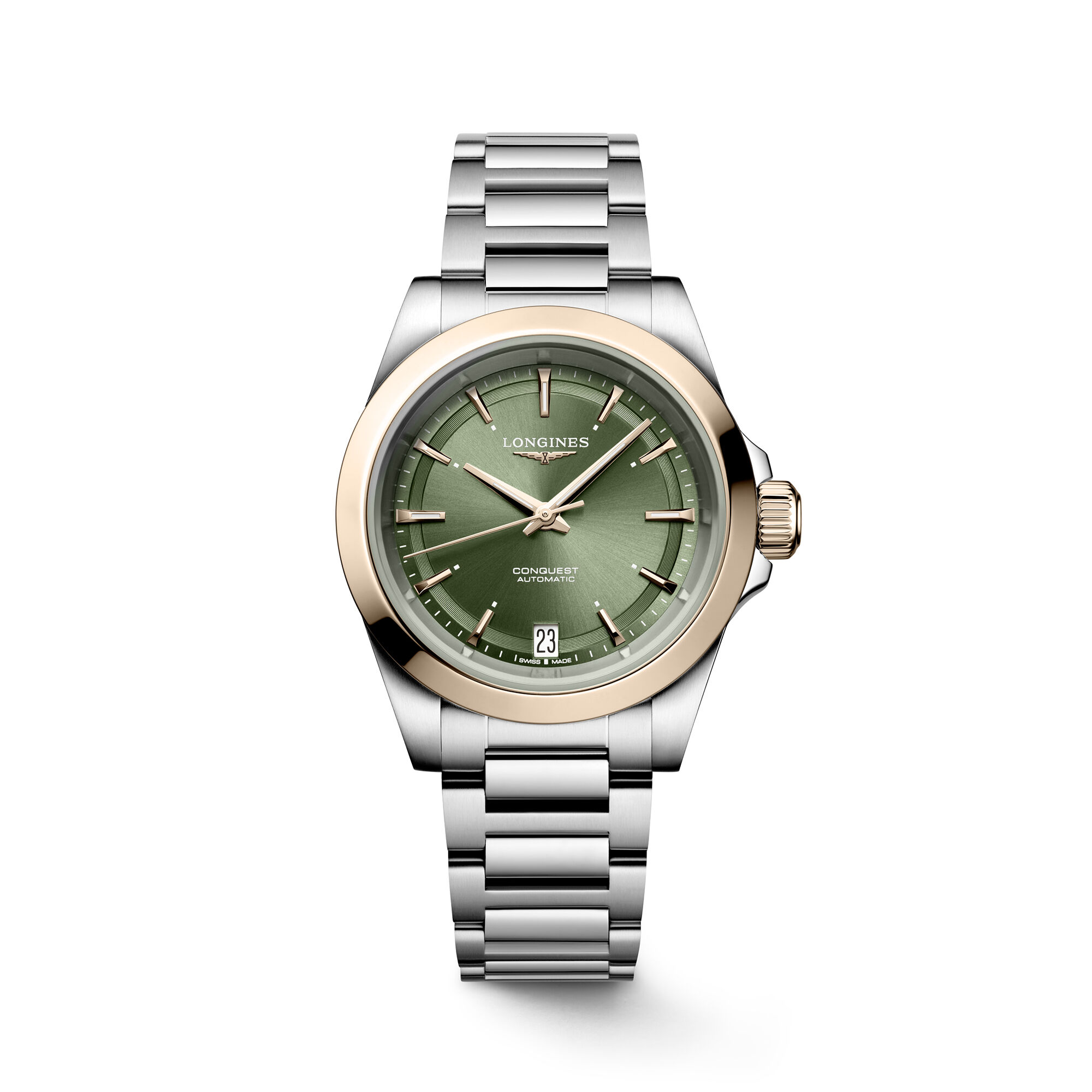 Longines Conquest Green Dial Watch with Silver Strap 34mm