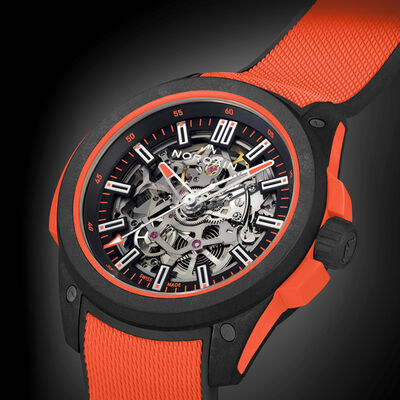 NORQAIN Wild One Skeleton Dial Coral Red Rubber Strap Watch, 42mm