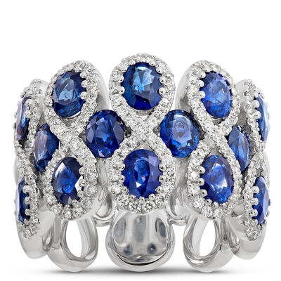 Wide Three-Row Sapphire and Diamond Ring, 14K White Gold