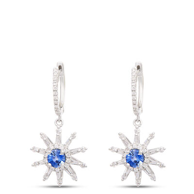 Sunburst Round Sapphire and Diamond Earrings, 14K White Gold
