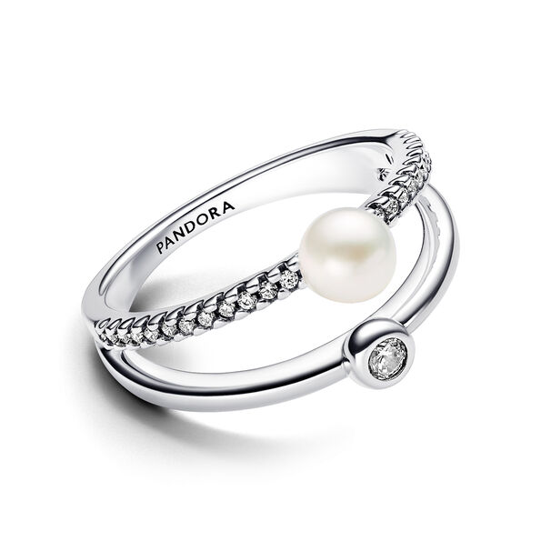 Pandora Treated Freshwater Cultured Pearl & Pavé Double Band Ring