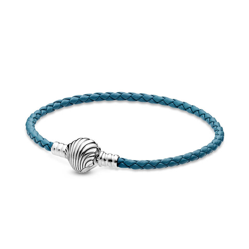 Pandora Moments Seashell Clasp Turquoise Braided Leather Bracelet image number 1