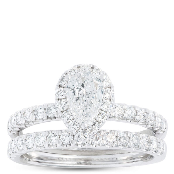 Pear Shape Halo and Round Diamond Bridal Set, 14K White Gold