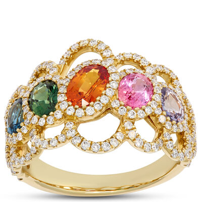 Rainbow Round Sapphire and Diamond Ring, ⅔ Total Carat Weight 14K Yellow Gold