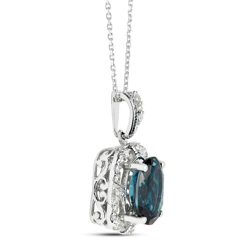 Oval Cut Blue Topaz and Diamond Halo Pendant Necklace, 14K White Gold image number 1