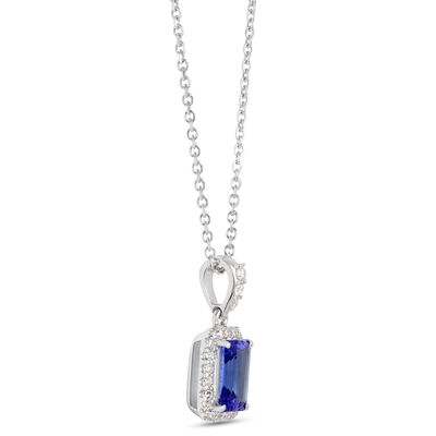 Emerald Cut Tanzanite Pendant with Diamond Halo, 14K White Gold