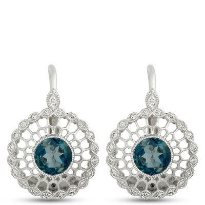 Classic Round Blue Topaz Web Earring, 14K White Gold