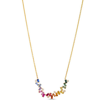 Baguette Rainbow Sapphire Necklace, 14K Yellow Gold