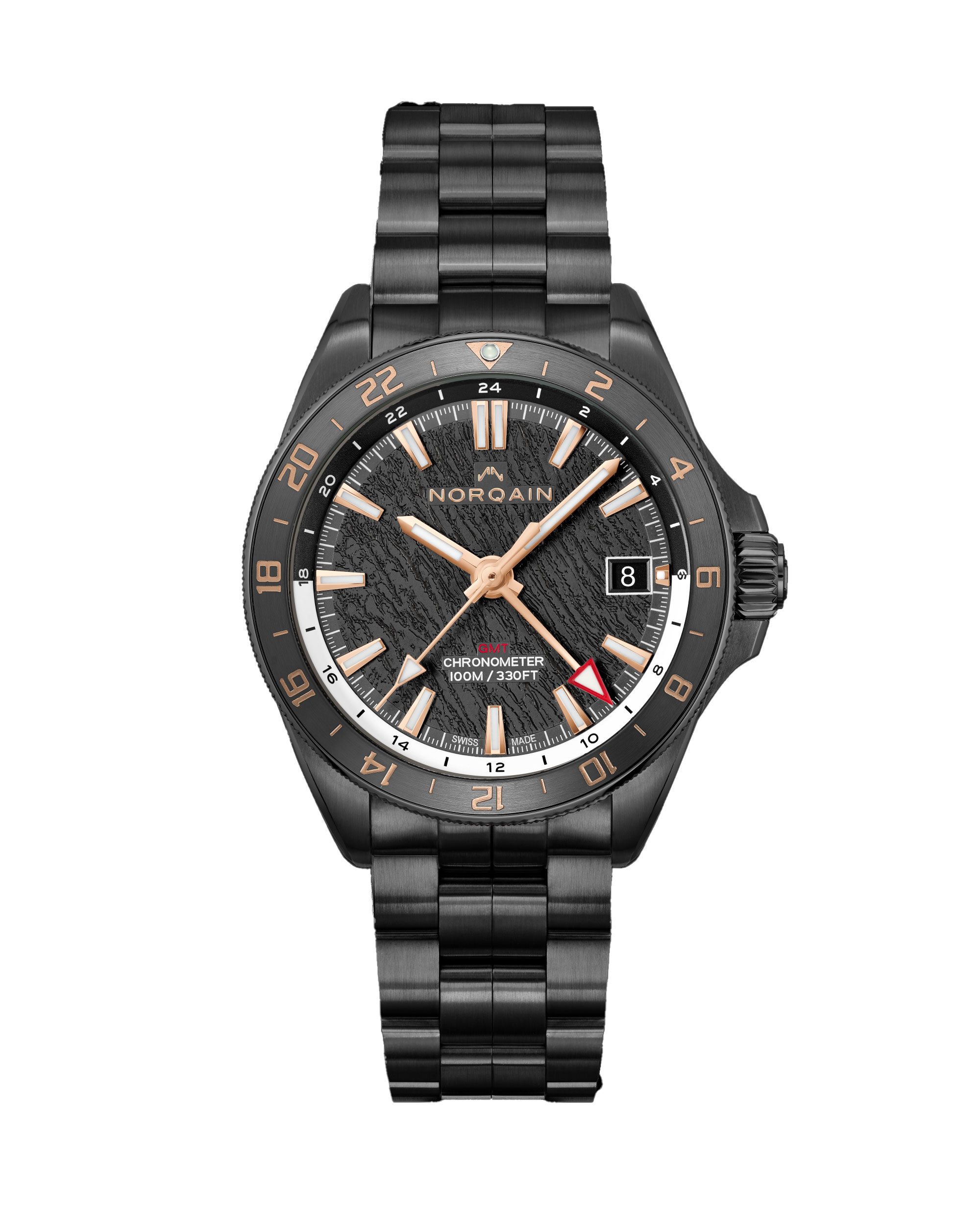 Norqain Neverest GMT GLacier Black Dial DLC Steel Bracelet Watch, 41mm