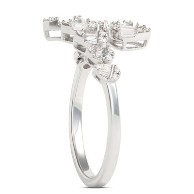 Baguette and Round Diamond Bypass Ring, ⅓ Carat Total Weight 14K White Gold
