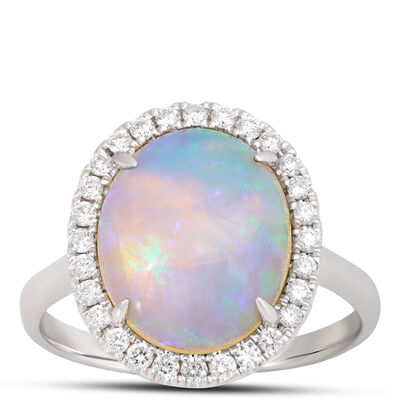 Oval Opal Ring with Diamond Halo, 14K White Gold