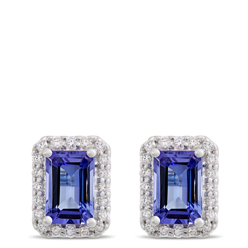 Emerald Cut Tanzanite and Diamond Studs, 14K White Gold image number 0