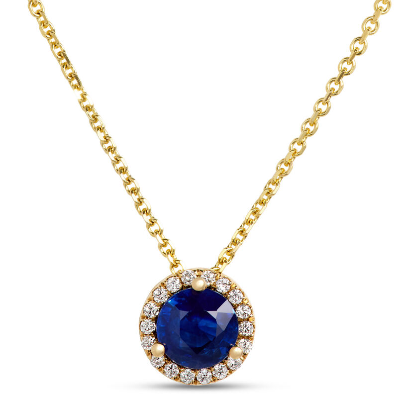 Round Sapphire Diamond Halo Pendant Necklace, 14K Yellow Gold image number 0