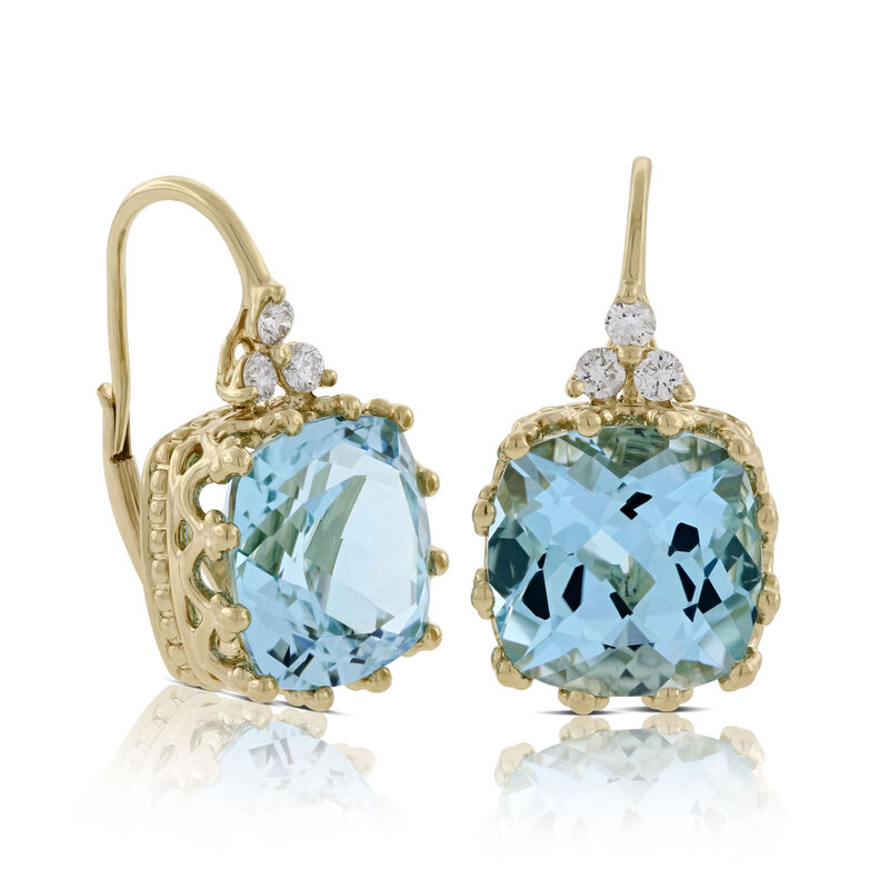 Cushion Blue Topaz & Diamond Earrings 14K