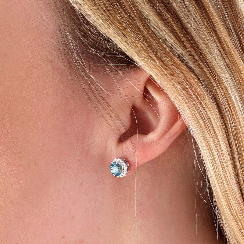 Blue Zircon & Diamond Halo Earrings 14K image number 1