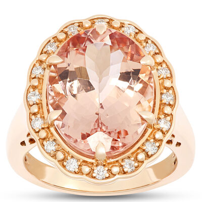 Oval Morganite Ring with Diamond Halo, ⅕ Total Carat Weight, 14K Rose Gold
