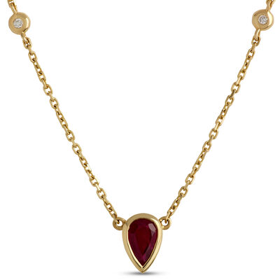 Pear Shaped Ruby Pendant Necklace with Round Accent Diamonds, 14K Yellow Gold