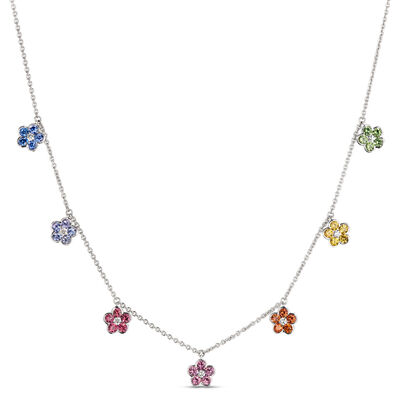 Multi-Colored Sapphire Floral Station Necklace, 14K White Gold