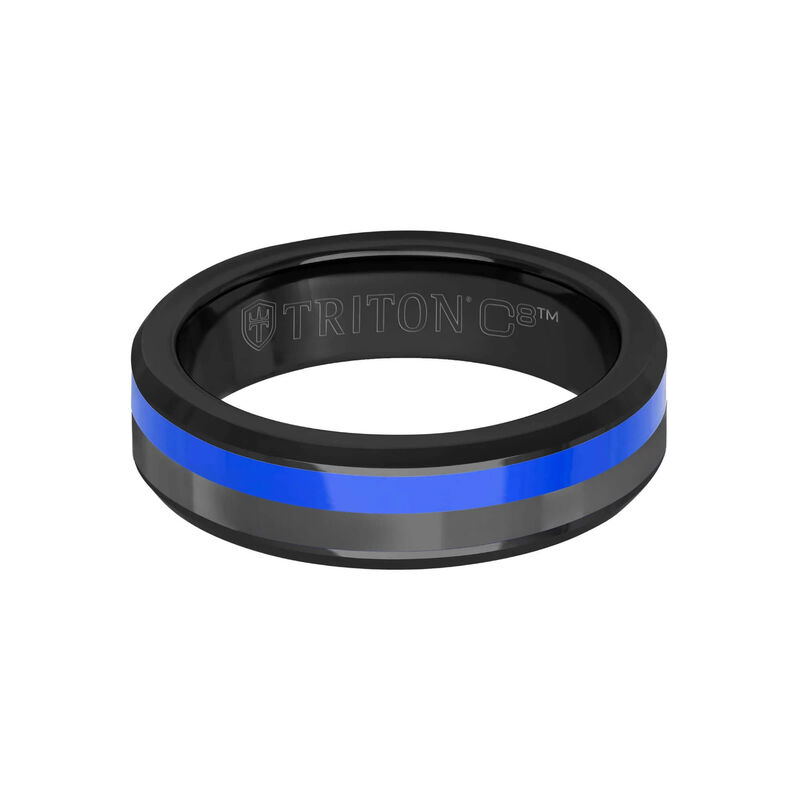 TRITON Blue Ceramic Channel and Bevel Edge Band in Grey Tungsten Carbide, 6MM image number 1