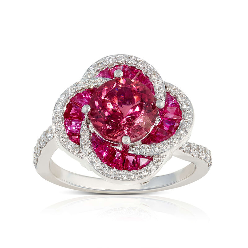 Pink Tourmaline, Baguette Ruby & Diamond Flower Ring 14K image number 0