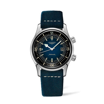 Longines Legend Diver Watch Two-Tone Dial Blue Leather Strap, 42mm