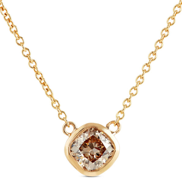 Cushion Cut Natural Brown Diamond Necklace, 14K Yellow Gold