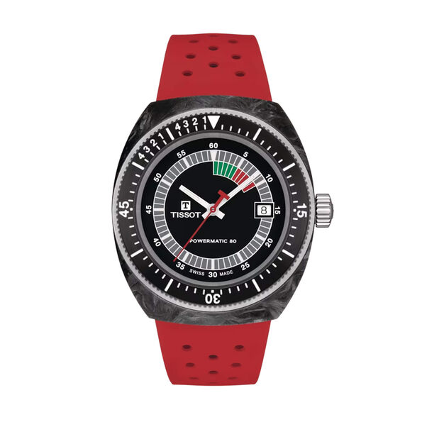 Tissot Sidereals Powermatic 80 Watch Black Dial Red Rubber Strap, 41mm