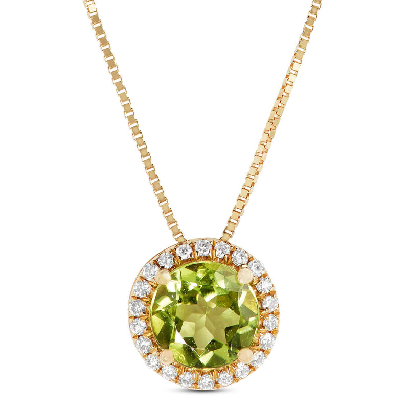 Round Cut Peridot and Diamond Halo Pendant Necklace, 14K Yellow Gold image number 0